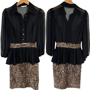 Aron 36/6 ‎ black & leopard print belted long sheer sleeve dress
